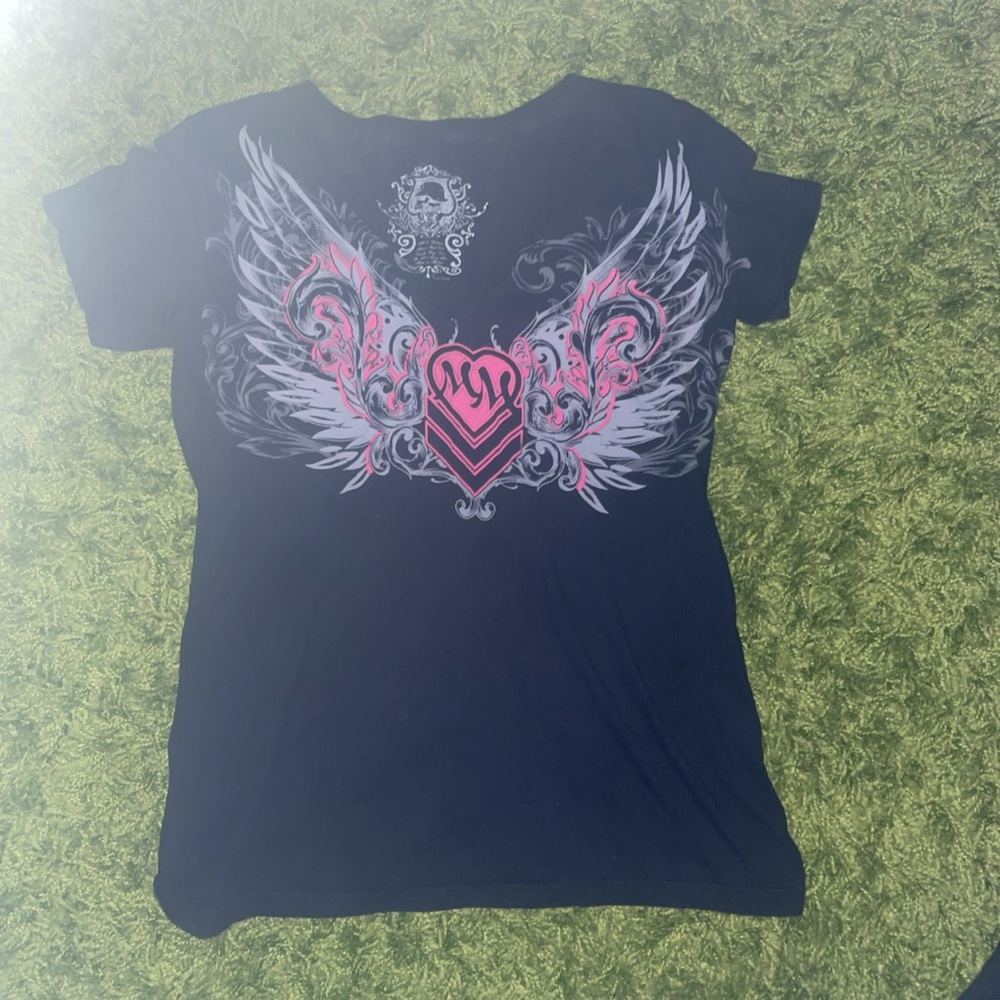 Affliction Black and Pink Womens V Neck Tshirt